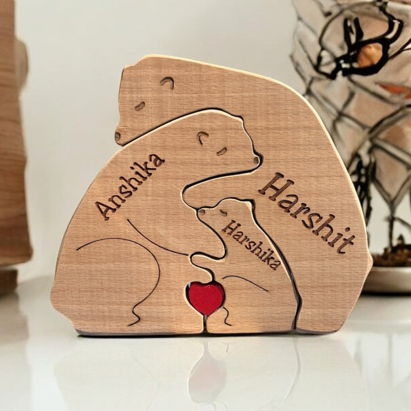 Personalised Natural Wood Family Name Bear - Personalify